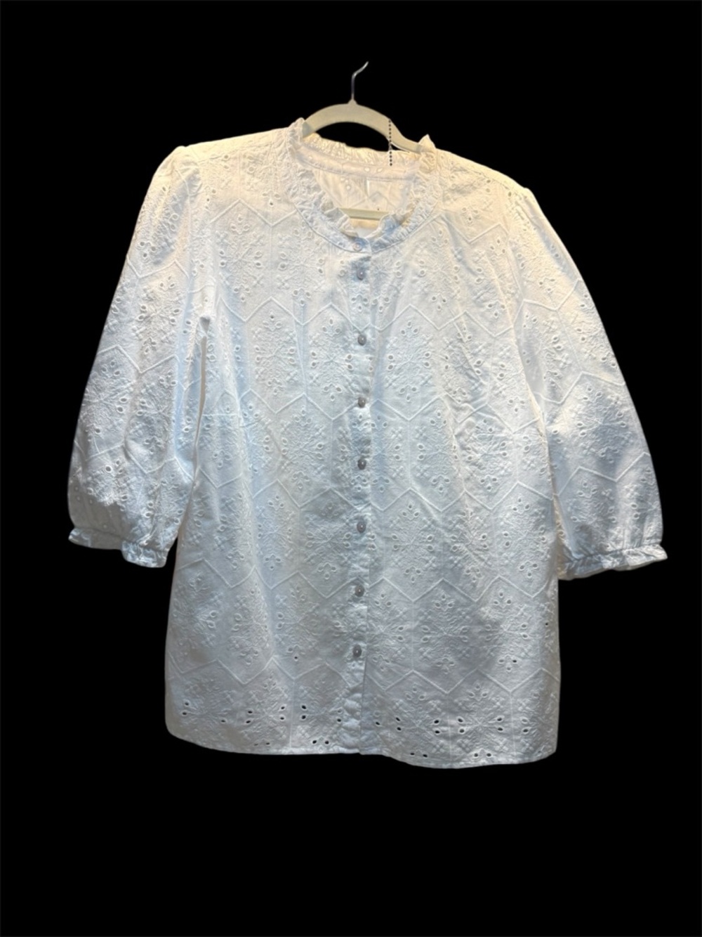 White Eyelet Button-Front Blouse Ruffled Collar Elastic Cuffs Large Size 14
